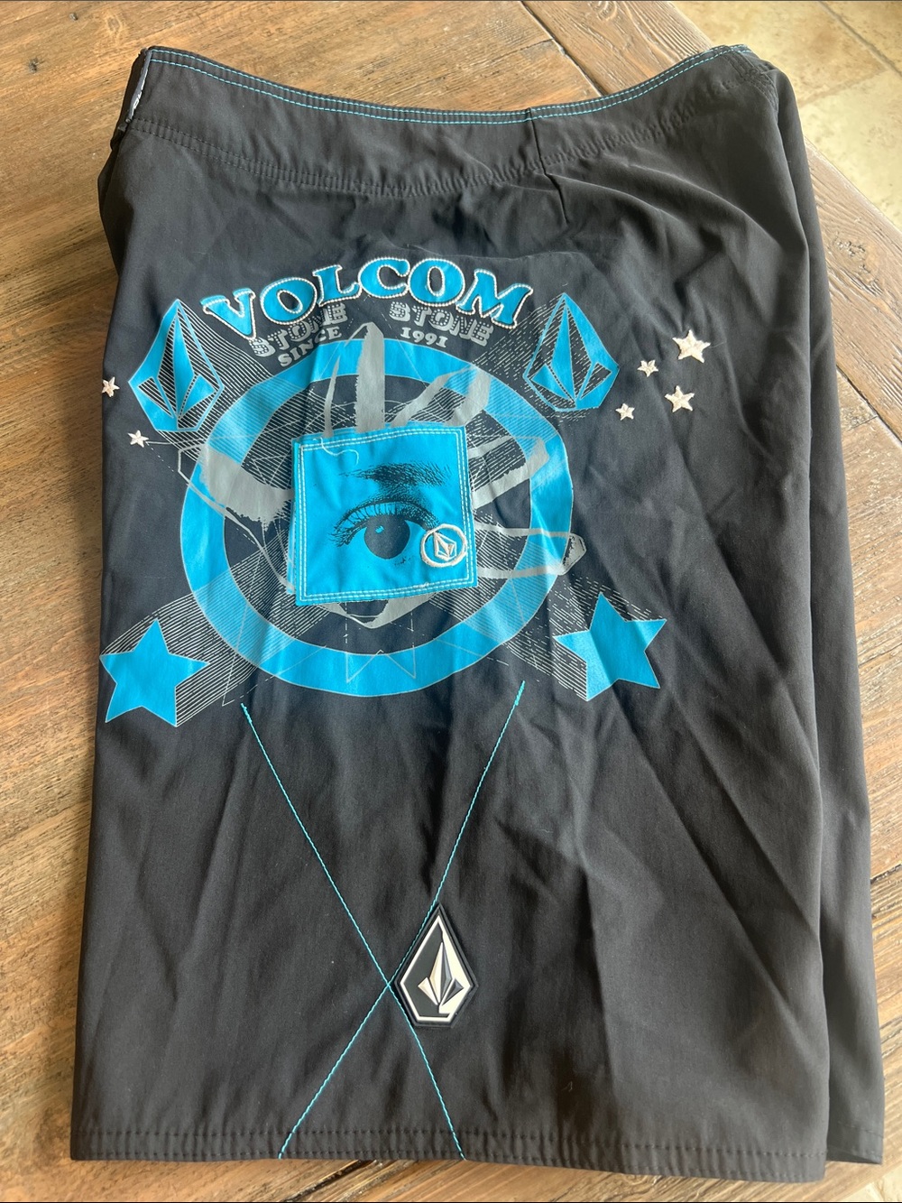 Volcom Black Swim Trunks with Blue Graphic